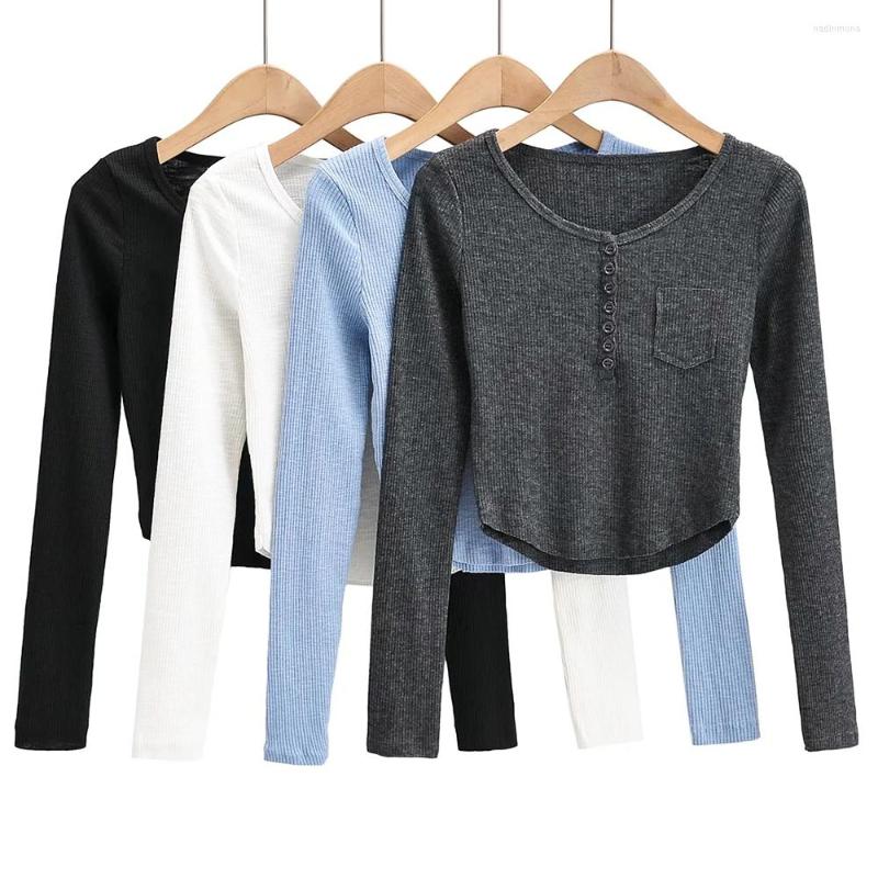 

Women' T Shirts ZOGAA Girl European And American Style Women V-neck Long-sleeved T-shirt Trendy Patch Pocket Bottoming Shirt Stretch Tights, Black