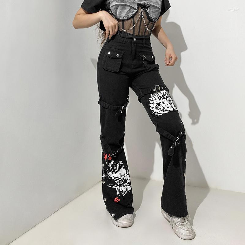 

Women' Jeans 2023 Women Y2K Punk Skull Print Black Buckle Pants Harajuku High Waist Big Pocket Trousers Cargo