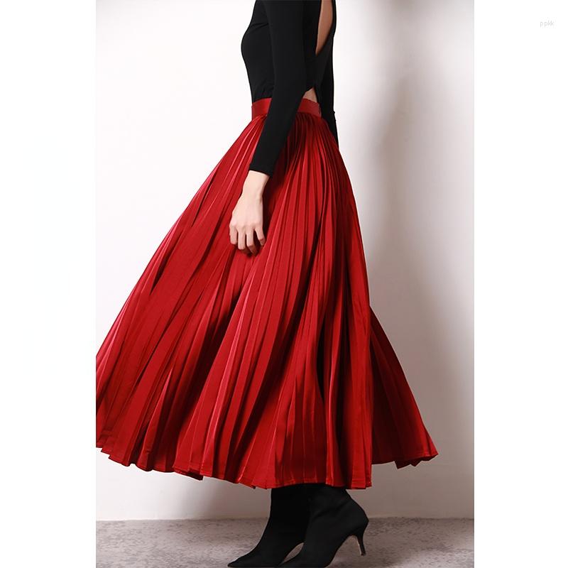 

Skirts 2023 Spring Fashion Retro Red Ultra Long Pleated Skirt For Women Big Bottom All-match High Waist Elegant Ankle-length