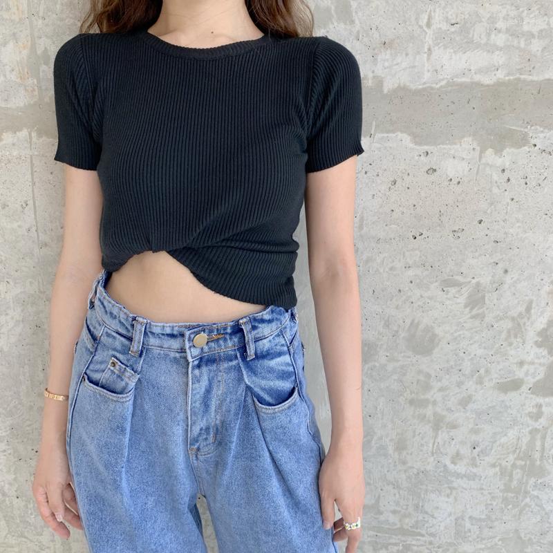 

Women's T Shirts O Neck Knit White Crop Top Women Fashion Summer Casual Shirt Basic Sexy Streetwear Ribber Black Slim Tees Short Sleeve Tops