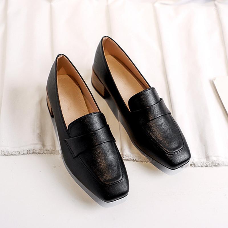 

Dress Shoes 2023 Soft Leather Thick Heel High Heels Women Pumps Square Toe Office Nude Color, Black 4cm