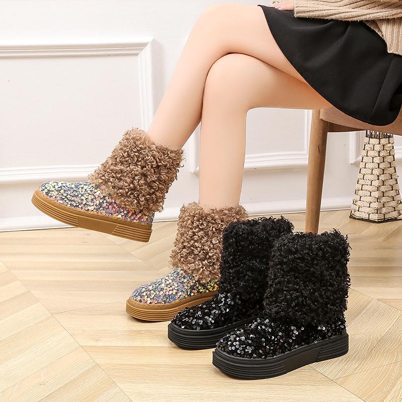 

Boots Winter Short Tube Sequins Snow For Women Thickened Warm And Comfortable Bread Cotton Shoes With Thick Soles