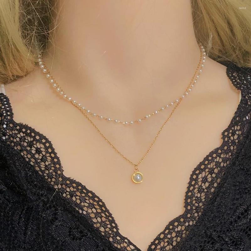

Pendant Necklaces Fashion Pearl Necklace Stainless Steel Cute Double Layer Luxury Black Crystal Glass Bead Chain Choker
