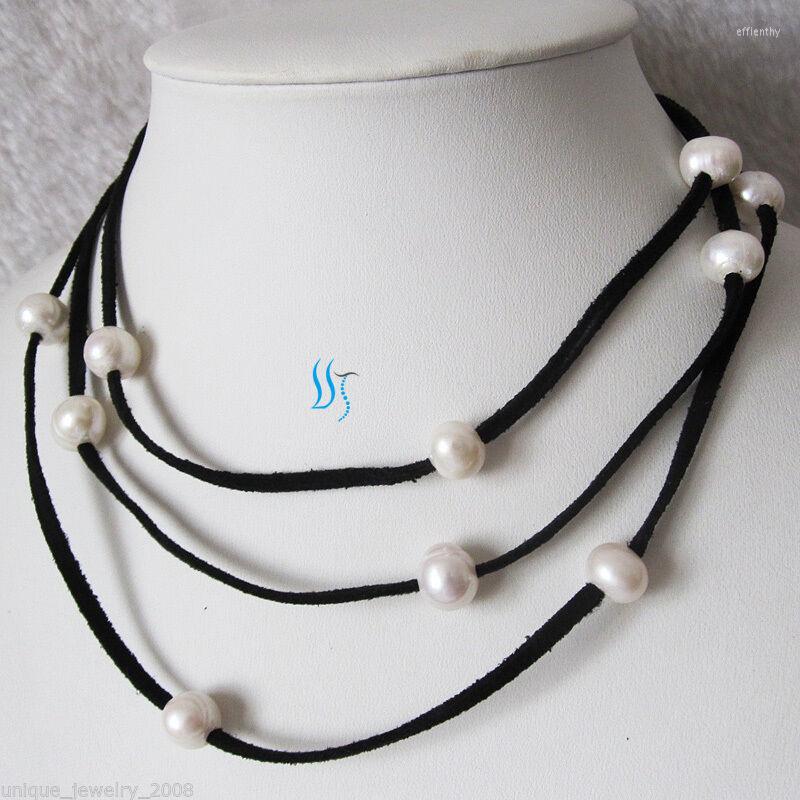 

Chains 51" 9-10mm White Freshwater Pearl Necklace Black Suede Rope Jewelry
