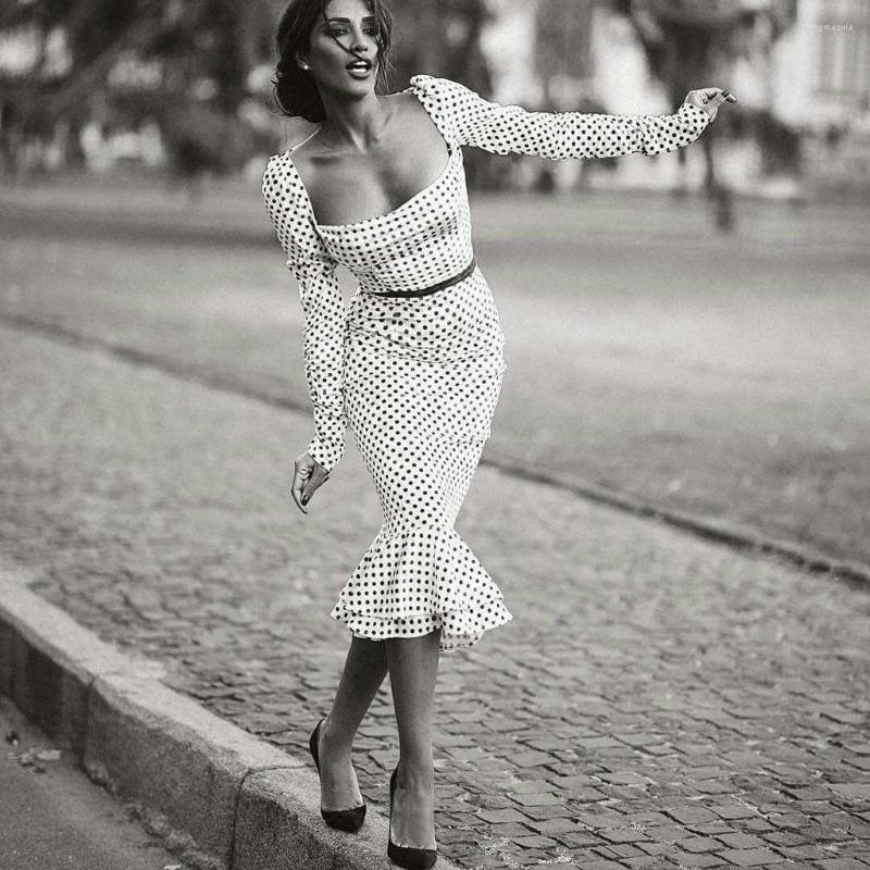

Casual Dresses Elegant White Knotted Polka-Dot Mermaid Hem Dress Women Pencil Midi Square Collar Long Sleeve Office Lady Bodycon