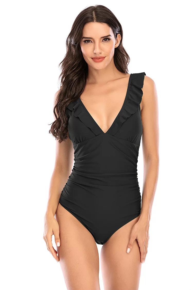 

Women's Swimwear 2023 Woman Beach Bathing Suits Solid Black Ruffled One-piece Swimsuit Women Sexy Lace Up Monokini