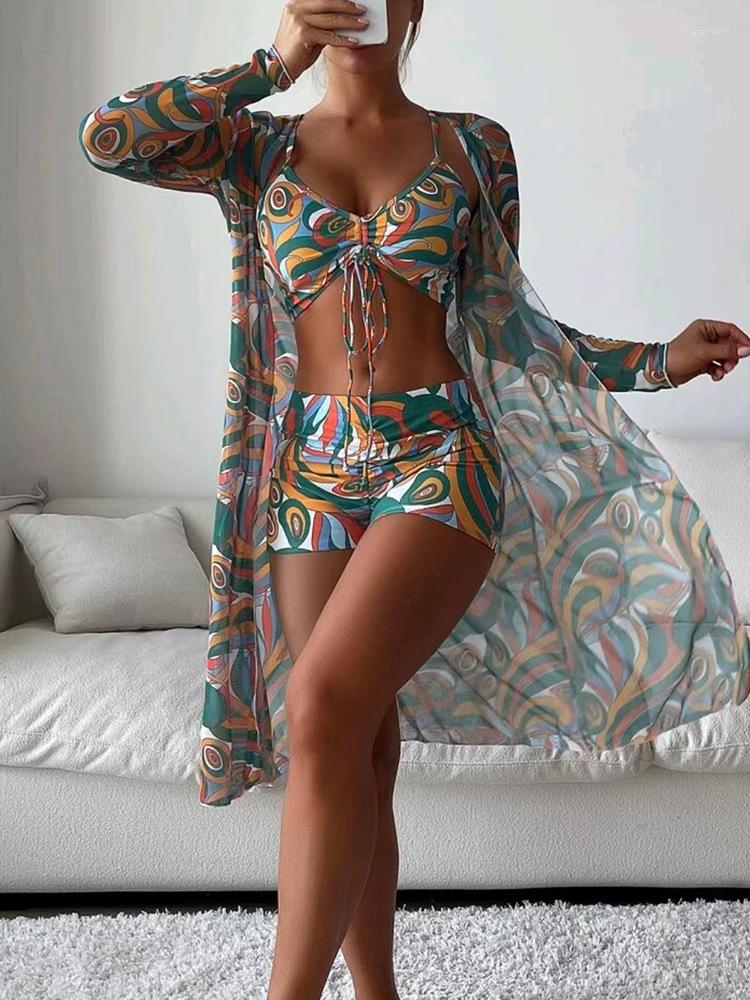 

Women' Swimwear Tropical Allover Print Bikini 3pack Drawstring Ruched Cover Up Women Swimsuit 2023 Long Sleeve Beach Wear Bathing Suit, Col-6