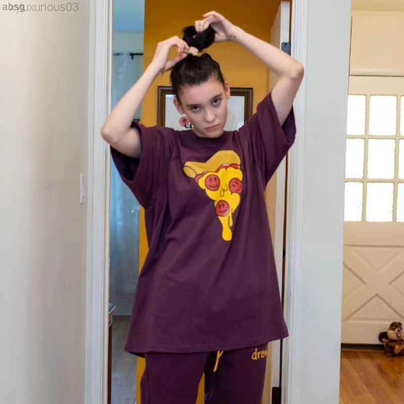 

Drew Tested House Pizza Tee Printed Round Neck Short Sleeve Couple High Street Loose Casual T-shirt Men, Berry color