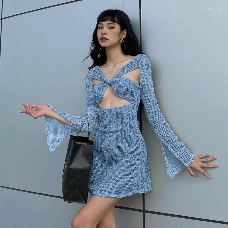 

Casual Dresses 2023 Spring Summer Women' Temperament Commuter All-match Fashion Long-sleeved Dress Hollow Knot Design Hip Lift, Pink