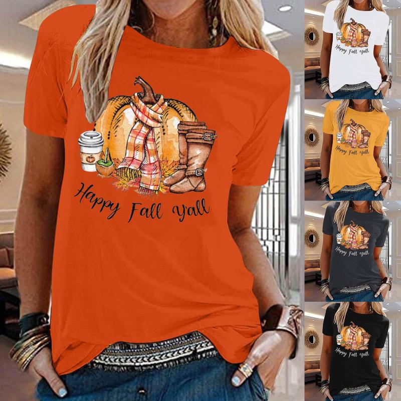 

Women's T Shirts Women Casual Fall Printing Short Sleeve Tops Blouse Round Neck Tee Tunic, Dark gray
