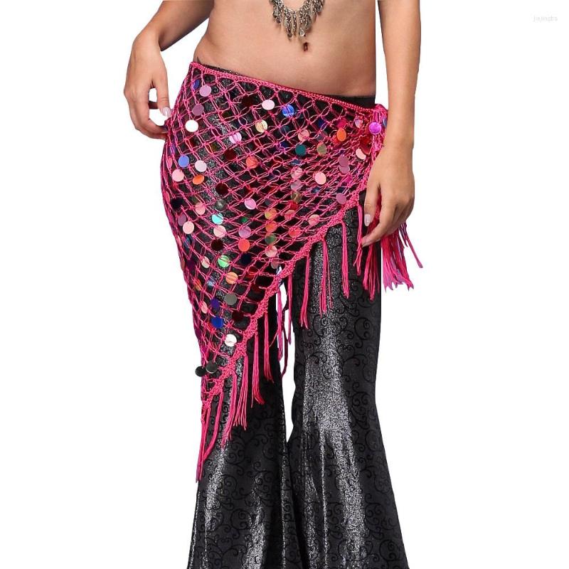 

Stage Wear Belly Dance Clothes Accessories Stretchy Long Tassel Triangle Belt Hand Crochet Sequin Hip Scarf Coin, White