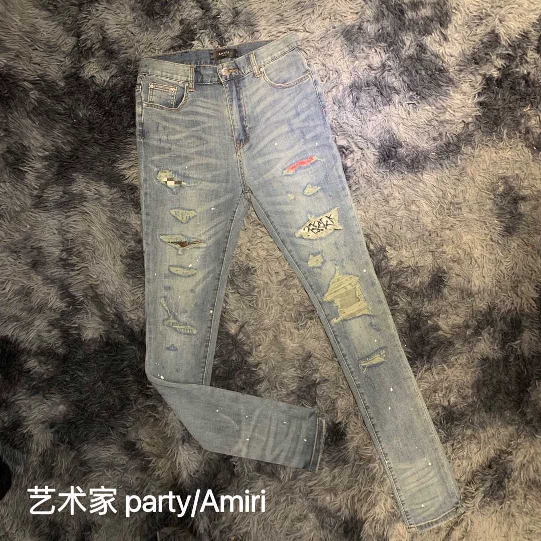 

Jeans Mens Am1r1 Trousers Pants Mirri Ripped Fashion Designer Brand New Men's White Embroidery Patch Elastic Slim Denim Hip Hop High M29U, Blue chessboard
