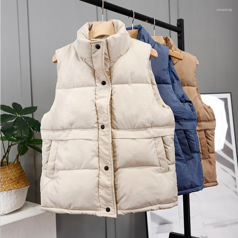 

Women's Vests Padded Stand Collar Women's Jacket Vest Button Sleeveless Down Puffer Female Coats Woman Winter Warm Casual Waistcoat, Khaki