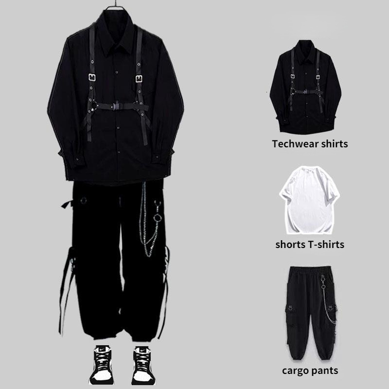 

Men's Tracksuits HOUZHOU Techwear Pant Sets Men Punk 3 piece outfits Black Cargo Pants Long Sleeve Shirts Korean Streetwear Hip Hop Spring 230317