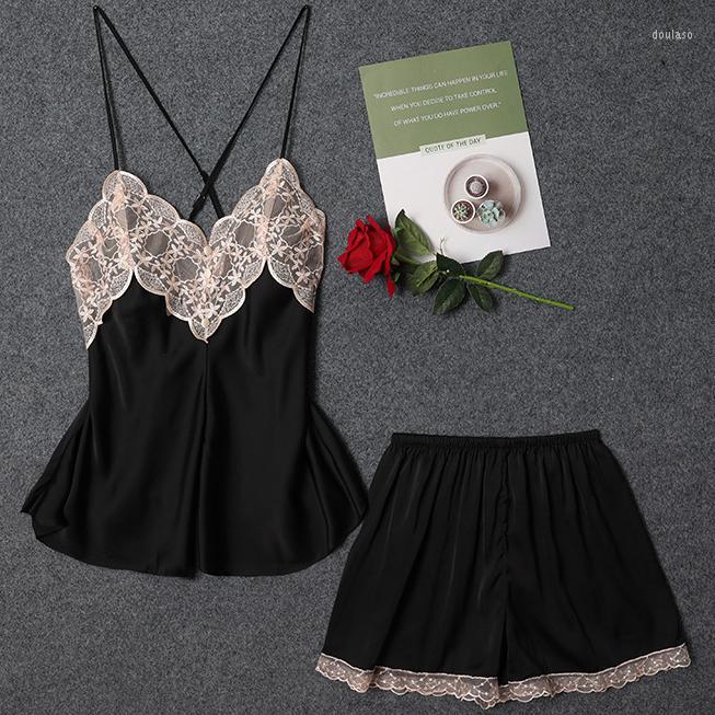 

Women's Sleepwear Sexy Rayon Home Clothes Summer Lace Trim Cami&Shorts Suit Women Pajamas WIth ButtonsV-Neck Nightgown Loungewear, Black b