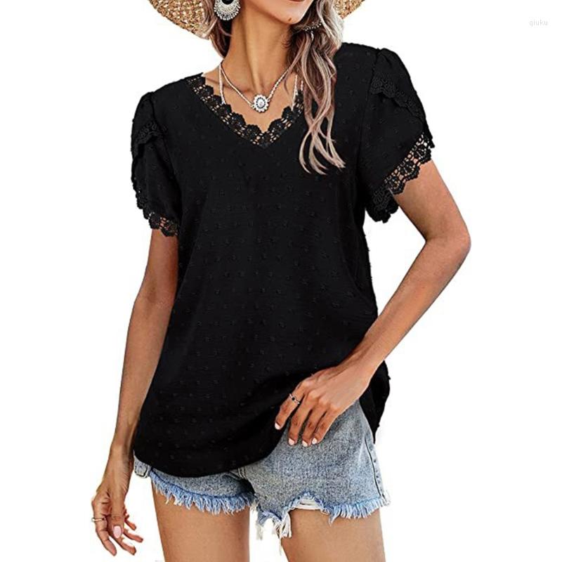 

Women' T Shirts 066C Women Short Petal Sleeve Solid Tunic Top Lace Trim V-Neck Loose Chiffon Shirt, Black