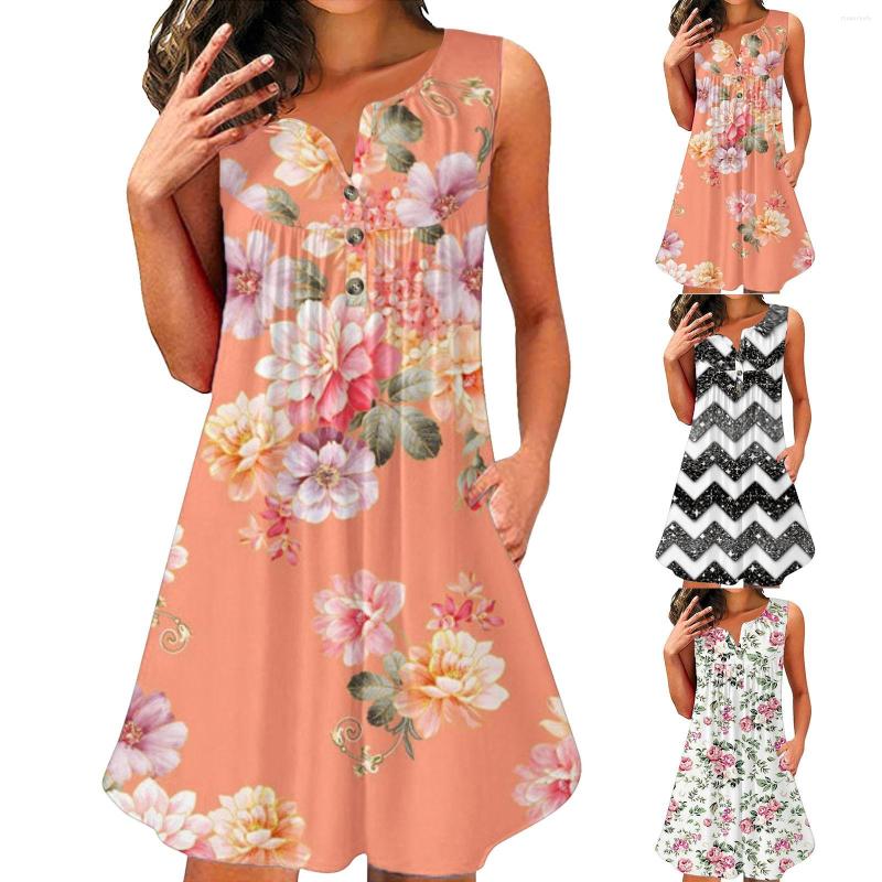 

Casual Dresses Midi For Women Womens Fashion Sleeveless Round Neck Button Short Print Long Formal With Pockets, Orange