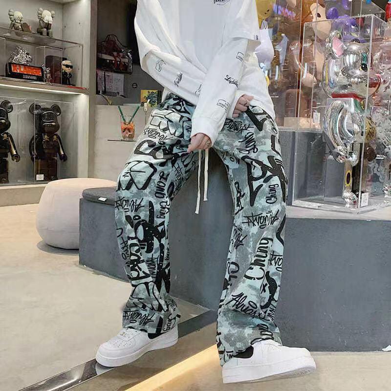 

Men's Pants Mens Y2K Streetwear USA Style Graffiti Cargo Men Letter Print Casual Trousers Vintage Straight Long Pantalon Hombre, Pdd-01