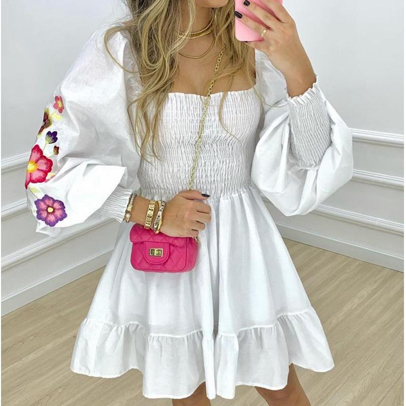 

Casual Dresses Dress Solid Color Square Collar Smocking White Women Summer A-line Sexy Clubwear Lantern Sleeve Slim