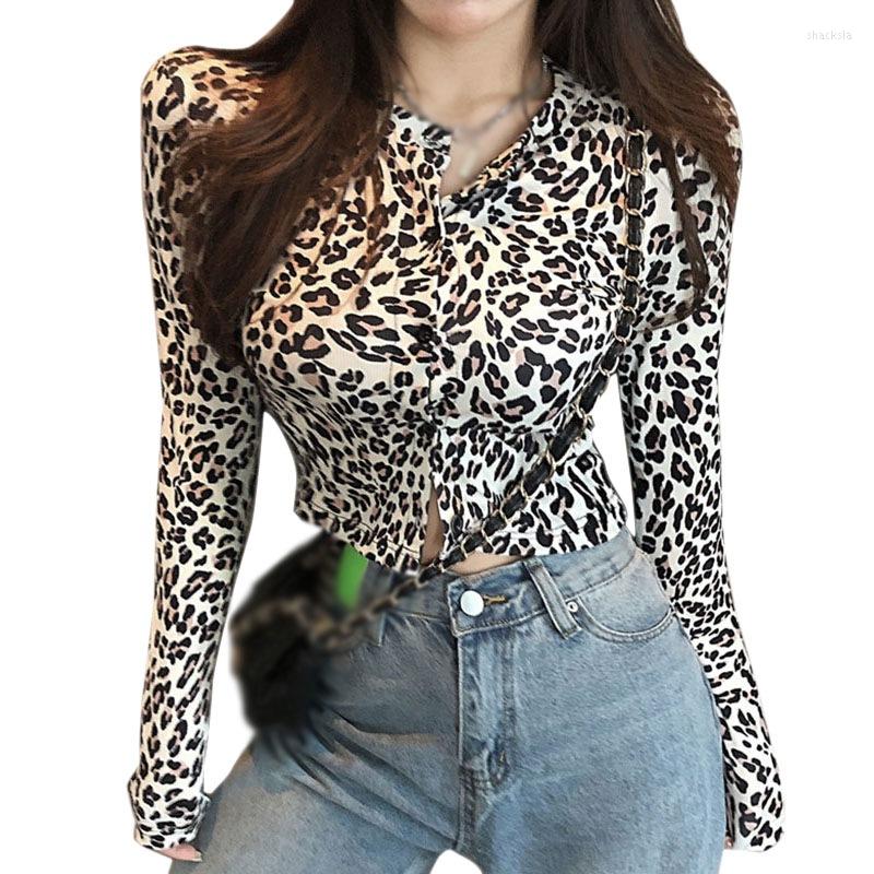 

Women's T Shirts Leopard Print T-shirt For Women Spring Autumn Sexy Slim Crop Tops Long Sleeve Top Streetwear Shirt Y2k, Black