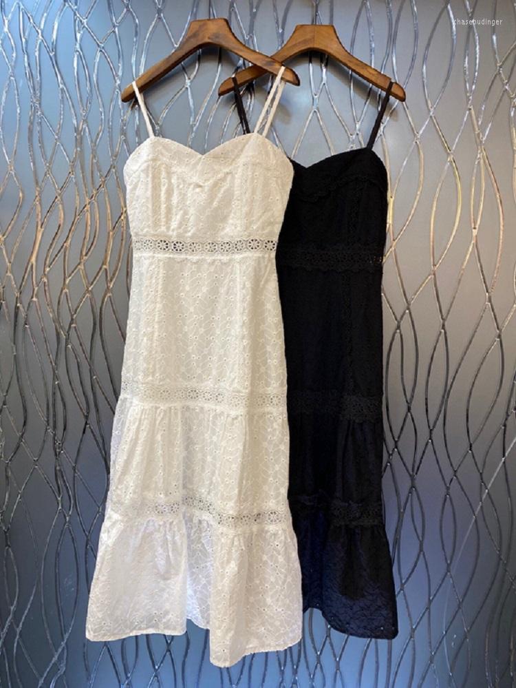 

Casual Dresses Novia Party 2023 Summer Sexy Ladies Spaghetti Strap Allover Hollow Out Embroidery Mid-Calf White Black Dress Boho