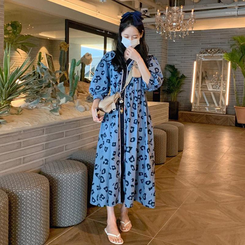 

Casual Dresses Johnature Print V-neck For Women 2023 Summer Korean Single-breasted Loose Puff Sleeve Female Dress, Blue