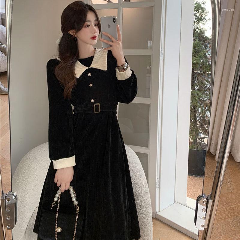 

Casual Dresses French Retro Corduroy Small Fragrance Gentle High-end Dress Long Sleeves Unique Temperament Base Skirt Woman Summer, Black