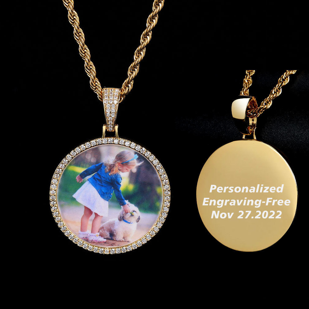 

Pendant Necklaces Custom Po Necklace for Men Personalized Medallions Memory Picture Pendant Solid Back AAAA Zircon Hip Hop Jewelry 230316