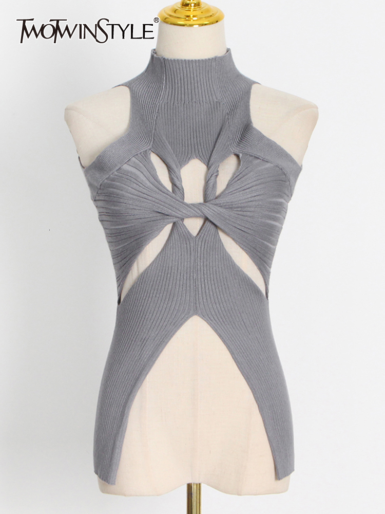 

Women' Tanks Camis TWOTWINSTYLE Individuality Women' Tank Tops Round Neck Sleeveless Cut Out Solid Knitting Vests Female Summer Clothing Style 230317, Black