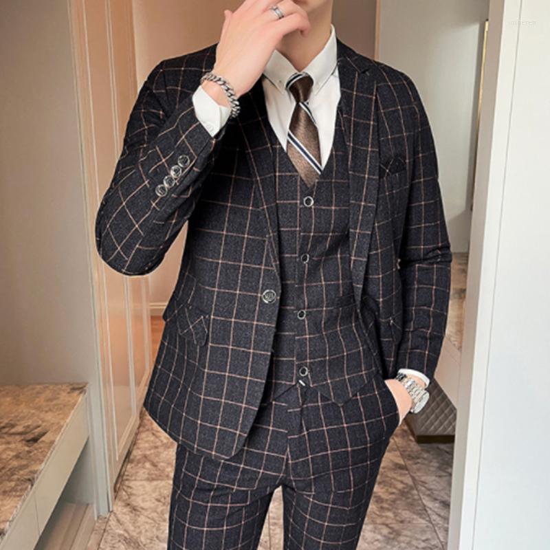

Men's Suits Plaid Business Luxury Wedding Man Men Suit Four Seasons Slim Office Fashion Jacket Handsome Vest Gorgeous Trousers, Gray