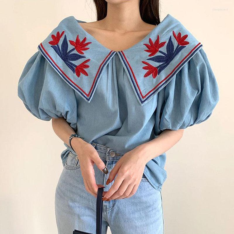 

Women's Blouses Blusas Vintage Ethnic Style Flower Embroidey Women 2023Autumn Lantern Sleeve Loose Denim Shirt Femme Tops 15433, Blue