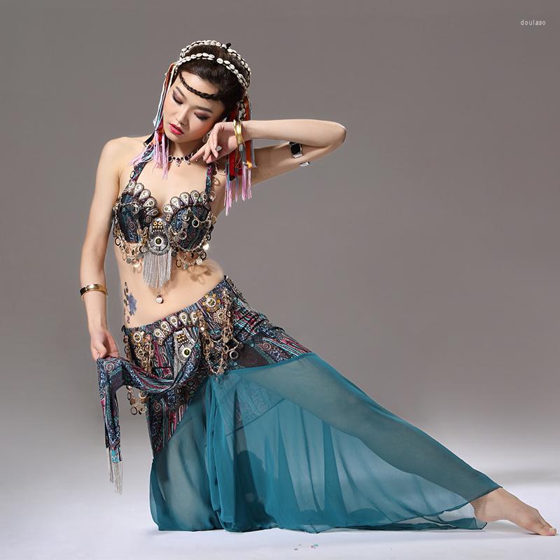 

Stage Wear Tribal Bellydance Outfit Costumes Vintage Performance Coins Bra Skirts Clothes Gypsy 2pcs Skirt Dancewear, Green