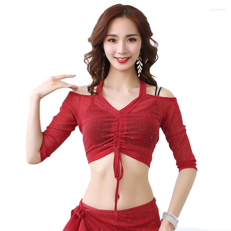 

Stage Wear 2023 Belly Dance Clothes Women Mesh Tank Top Halter Off Shoulder Deep V-Neck Bellydance Elastic Tops With Shinny Sequins, Black