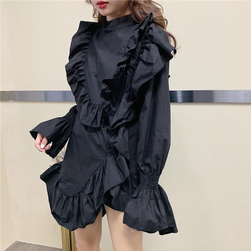 

Casual Dresses 2023 Spring Long Flare Sleeve O Neck Ruffles Loose Free Size Japan Style Black Irregular Short Mini Dress Women