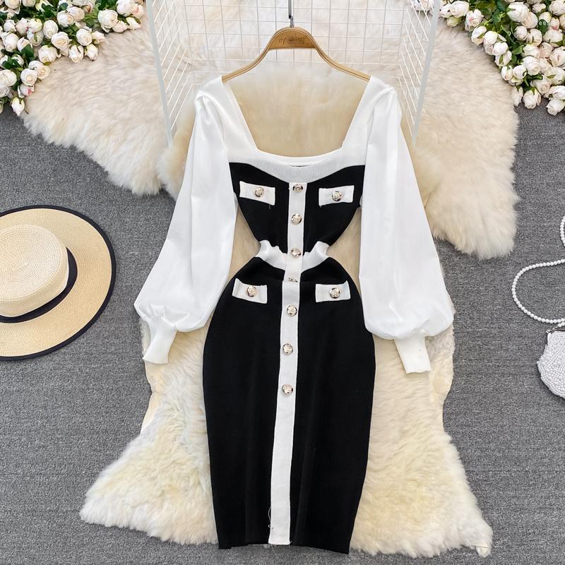 

Casual Dresses 2023 Design Women's Square Collar Lantern Long Sleeve Color Block Single Breasted Knee Length Knitted Bodycon Dress, Black