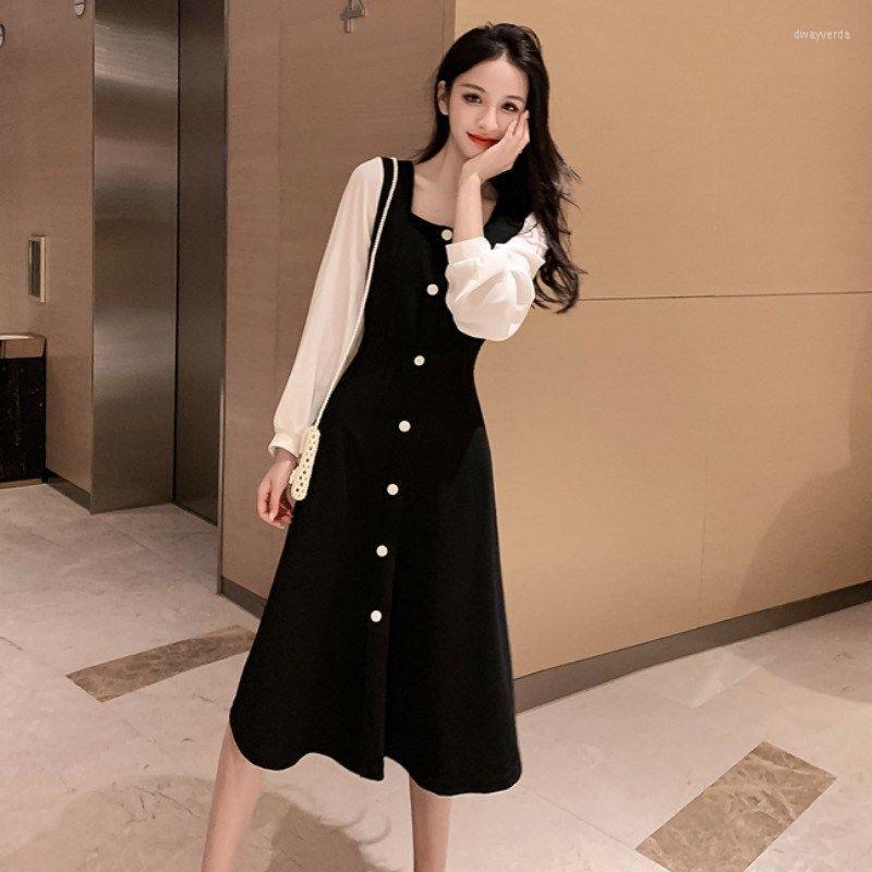 

Casual Dresses Retro Square Collar Autumn Patchwork Long Sleeve Below The Knee Dress Women Woman Vestido De Mujer Femme Robe, Black