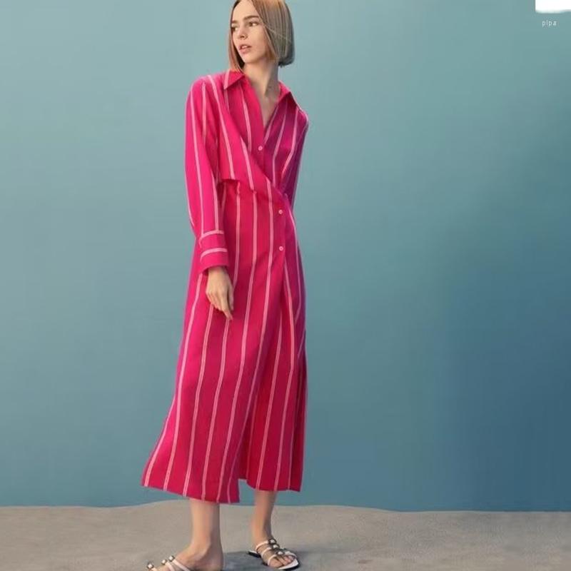 

Casual Dresses 2023 Autumn Slim Fit Temperament Stripe Shirt Long Small High Sense Celebrity Dress, Red