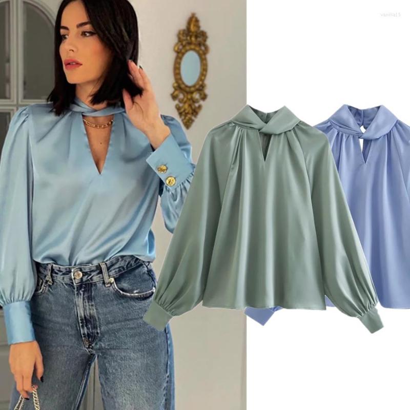 

Women' Blouses Maxdutti 2023 England Office Lady Ins Fashion Blogger Vintage Satin Bow Halter Elegant Casual Shirt Women Blouse Tops, Blue