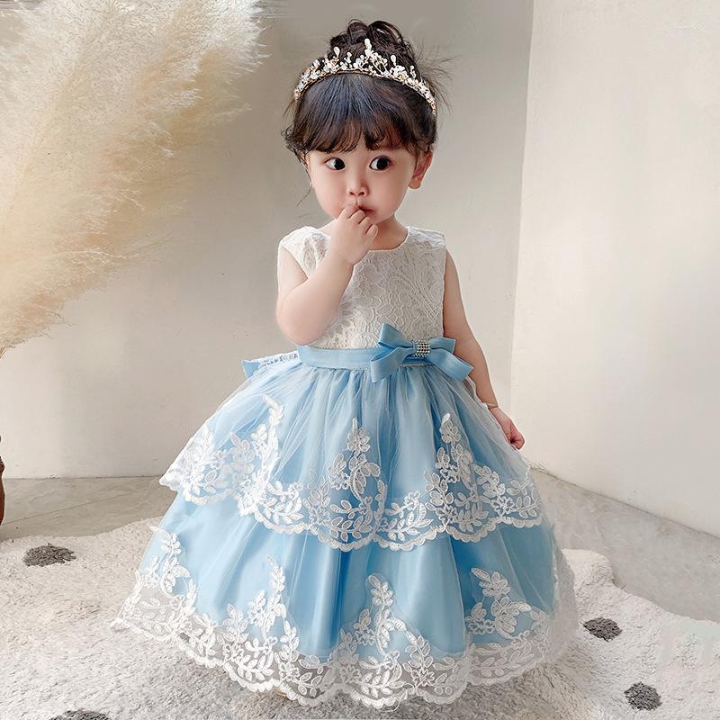 

Girl Dresses Floor Length Lace Ruffled Wedding Flower Dress Bow Tieknot Round Neck Fluffy Tulle Pageant Boho Rustic BirthdayBall Gowns, Picture style
