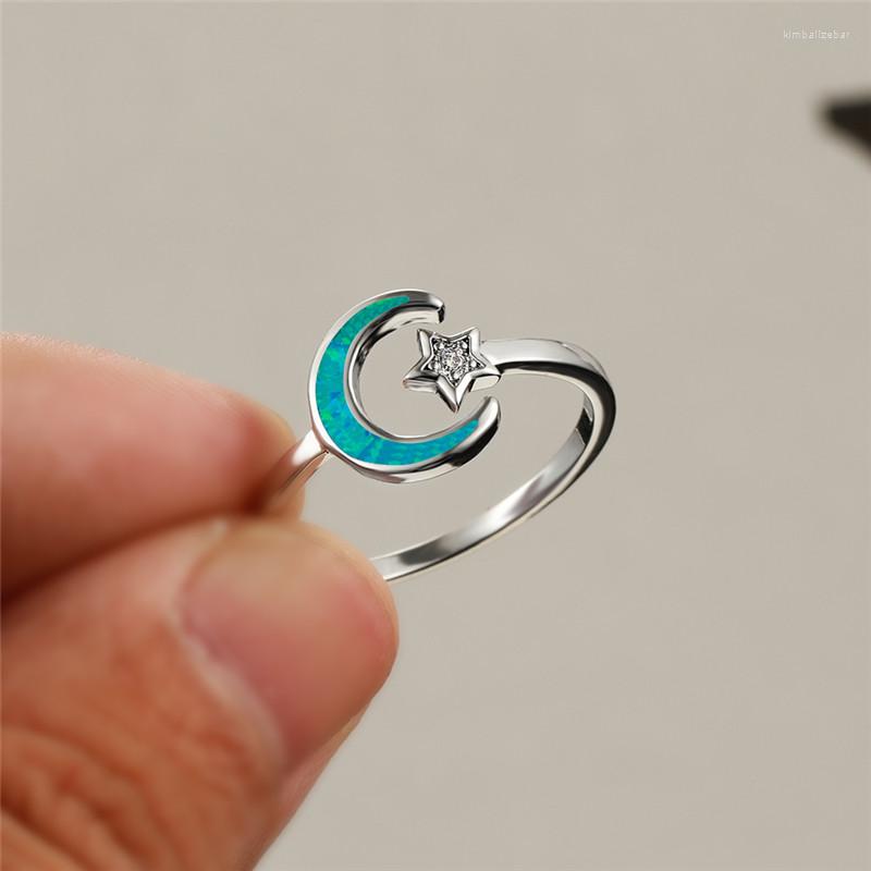 

Wedding Rings White Blue Opal Moon Ring Luxury Crystal Stone Cute Star Vintage Silver Color Engagement For Women Minimalist Jewelry