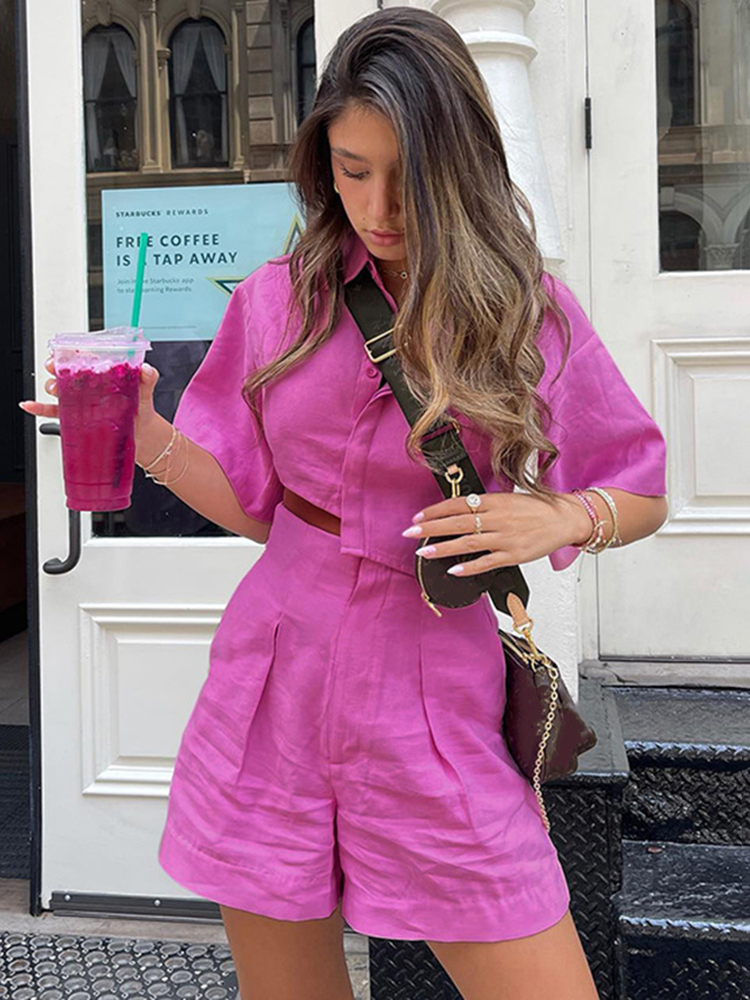 

Womens Two Piece Pants Solid Cotton Linen Casual Sets Lapel Neck Shirt With High Waist Loose Shorts Suits Summer Irregular Short Top 2 Pieces Sets 230316, Green