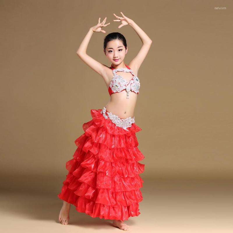 

Stage Wear Kids Performance Belly Dancing Clothes Oriental Outfit Girls Dance Costume Set For Children Bra Belt And Skirts, Red