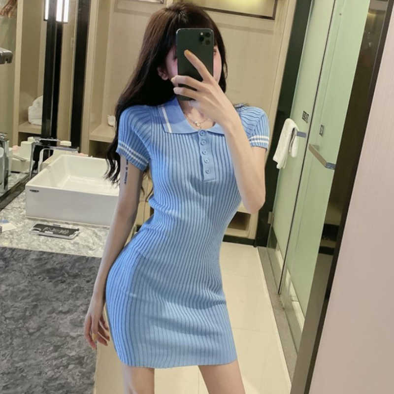 

Summer New Solid Color Lapel POLO Short Sleeve Dress Button Slim Hip Knitted Dress for Women, Black