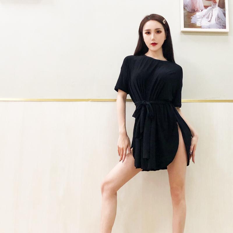 

Stage Wear Latin Dance Dress Ladies Short Sleeve Sexy Off The Shoulder Samba Rumba Cha Performance Costume Dress(under Pants), Black