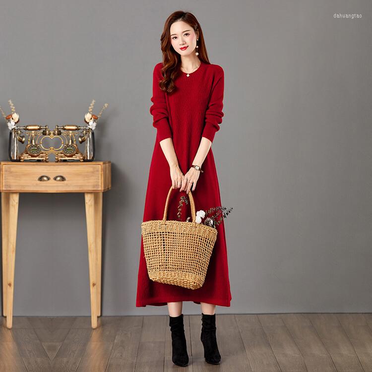 

Casual Dresses 2023 Autumn Winter O-neck Sweater Long Women Loose Knitted Sleeve Warm Dress, Black