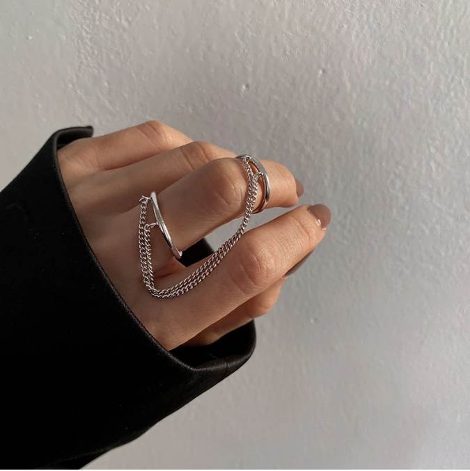 

Creative personality Adjustable index finger ring edition street punk cool trend double chain double ring women's jewelry