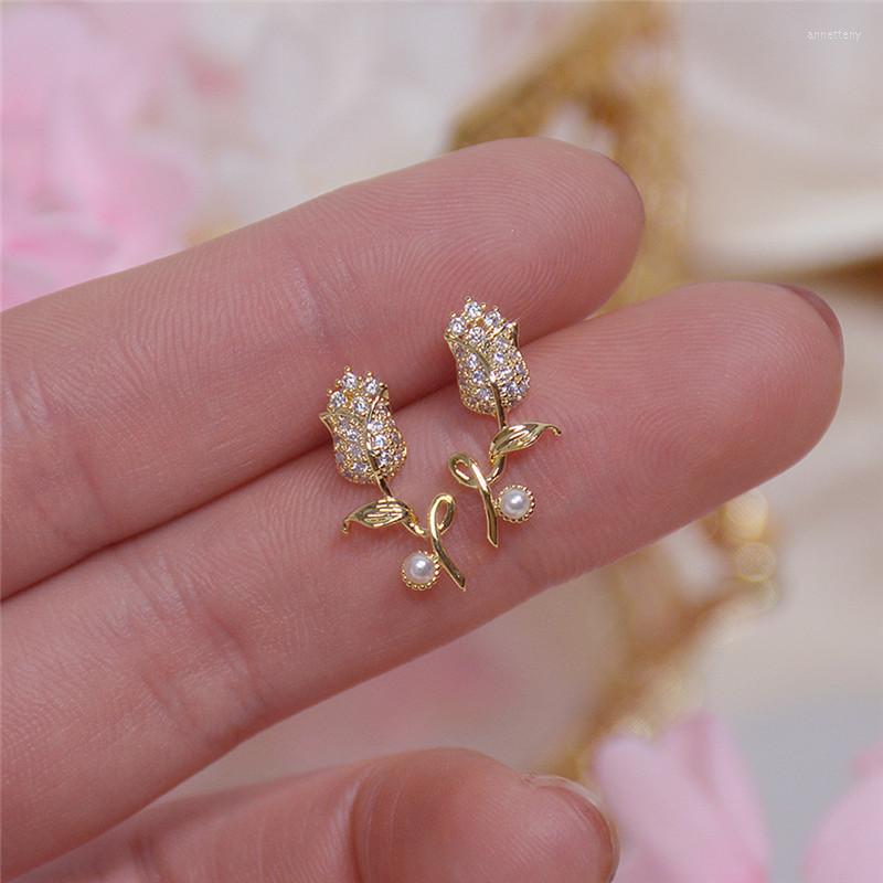 

Stud Earrings Luxury 14K Real Gold Delicate Rose For Women Cubic Zircon ZC