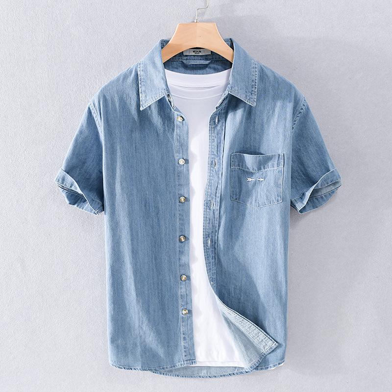 

Men's Casual Shirts Summer Denim Short-sleeved Shirt Fashion Youth Pure Cotton Jean Tops Trendy Japanese Male Loose Classic Brand, 909-light blue