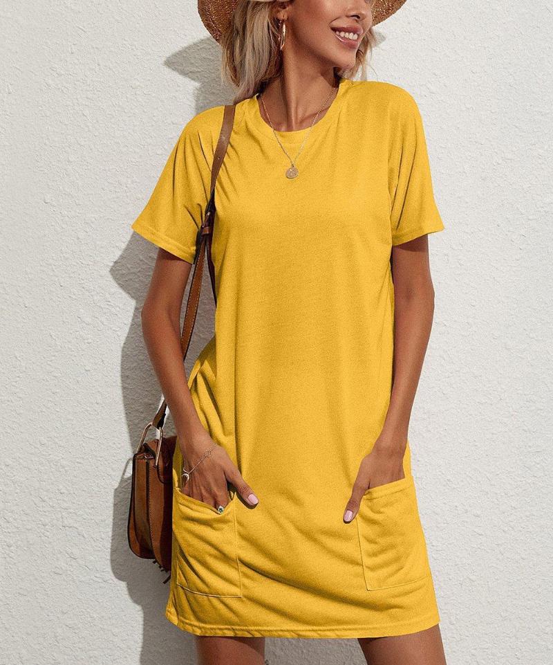 

Casual Dresses Fashion Women Dress Solid O-Neck Short Sleeve Summer Ladies Loose Spring Pockets Office Vestidos Mujer, Khaki