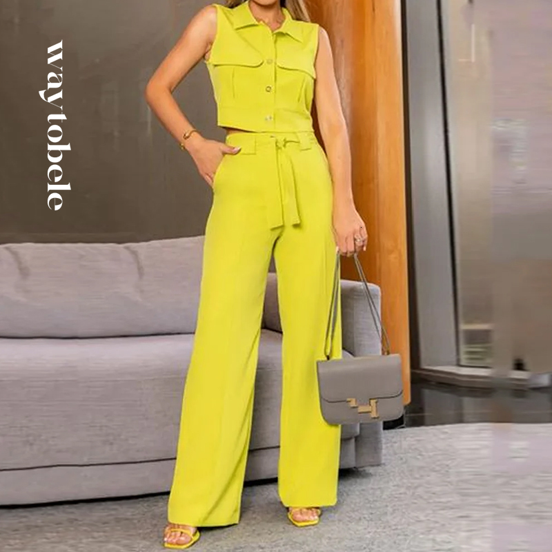 

Women s Two Piece Pants Waytobele Women Set Fashion Lapel Solid Single Row Button Sleeveless Top Loose Wide Legs Lace Up Pockets Sets 230317, Gold